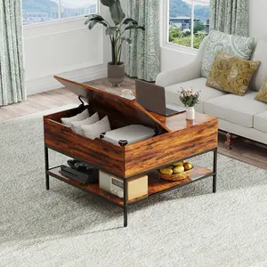 Flip-Top Coffee Table with Storage - Dark Walnut & Black Metal - 31.5" Lift-Top Design w/Hidden Compartment - Easy Assembly Living Room Table