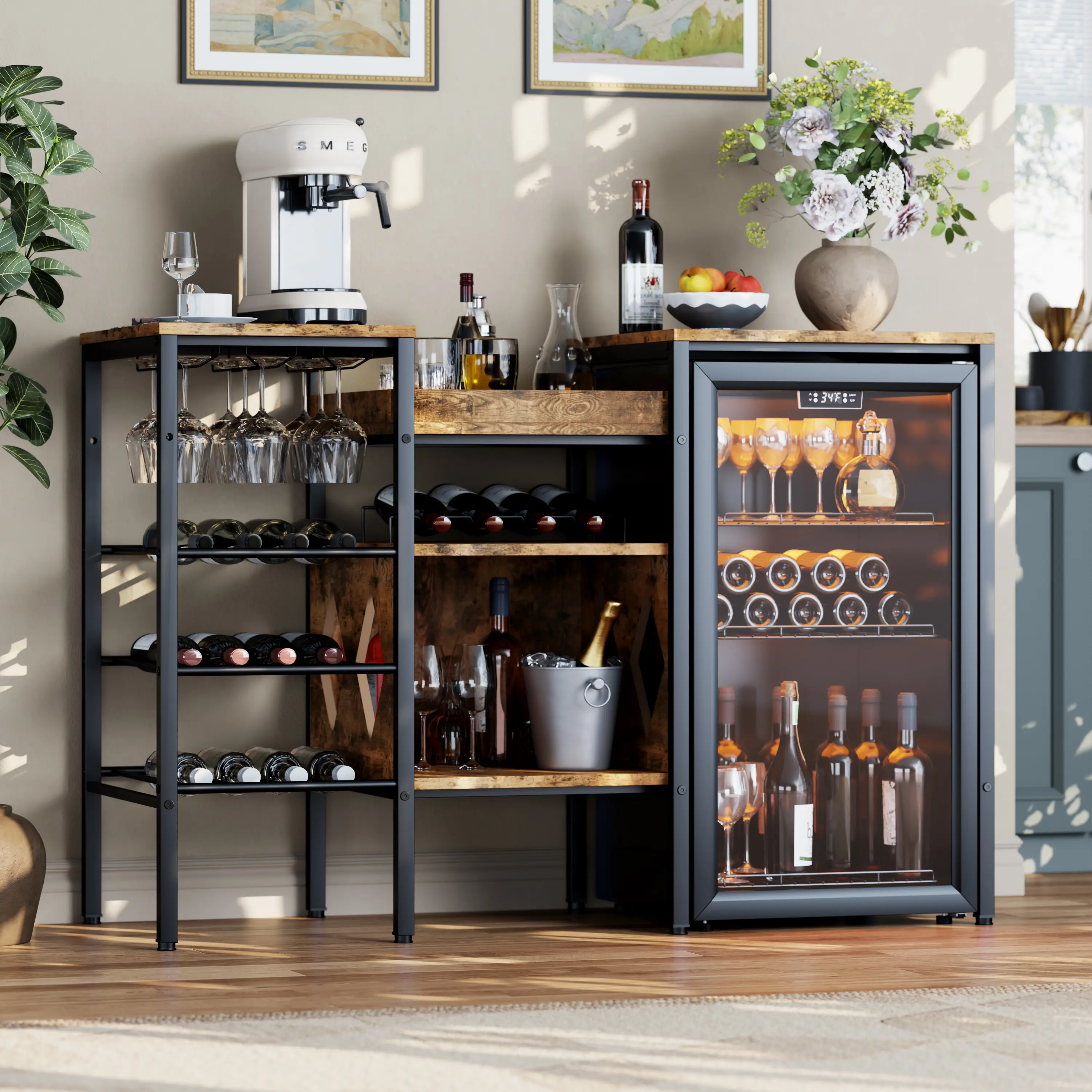 Gyfimoie Mini Fridge Cabinet Stand w/Storage, Coffee Bar Cabinet w/Mini Fridge Space, Bar Stand w/Wine Rack & Glass Holder, Microwave Stand Bakers Rack w/Reversible Frame