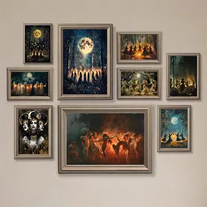 Witch Art, Midnight Gathering of Witches unframed Poster, Dark Academia Wall Art, Raven, Skull Print, Magical Fall Forest, Dark Gothic Halloween Decor