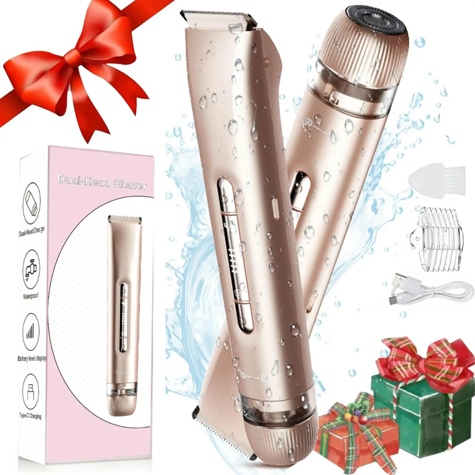 Rose Gold Electric Double-Head Hair Remover Rechargeable Body & Face 2-in-1 Waterproof Underarm & Leg Trimmer for Women Stainless Steel Blades & R Type Clipper