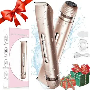 Rose Gold Electric Double-Head Hair Remover Rechargeable Body & Face 2-in-1 Waterproof Underarm & Leg Trimmer for Women Stainless Steel Blades & R Type Clipper