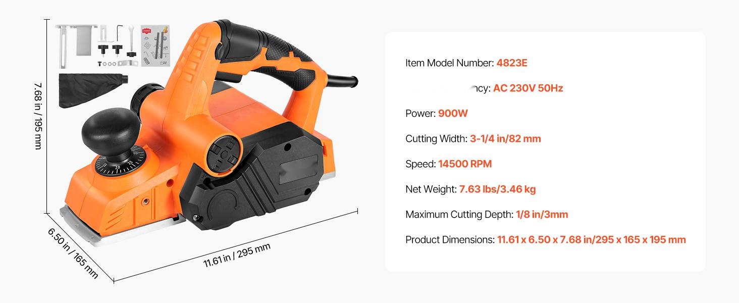 Electric Hand Planer 3-1/4-Inch Cut Width, 7 Amp 14500 RPM Corded Power Handheld Planer for Woodworking, Adjustable Cutting Depth, 2 Replacement Blades, Chamfering and Smooth Finish for DIY Carpentry Projects