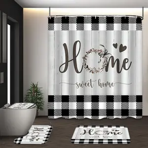 Plaid & Letter Pattern Bathroom Set, 4pcs Modern Non-slip Bathroom Decoration Set, Including Bath Curtain, Toilet Lid Mat & Bath Mat, Bathroom Supplies, Home Goods, Bathroom Decoration Accessories