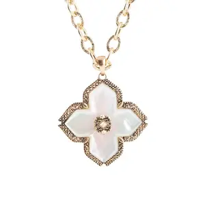 Maltese Cross White Mother of Pearl Golden Chain Pendant Necklace