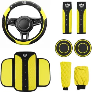 Wuyaoyao 8PCS Car Accessories Set, Bling Crown Leather Car Steering Wheel Cover w/Armrest Pad, Seat Belt Cover Pads, Gear Shift & Handbrake Covers, Cup Holder Coasters, Auto Interior Decor (Yellow)