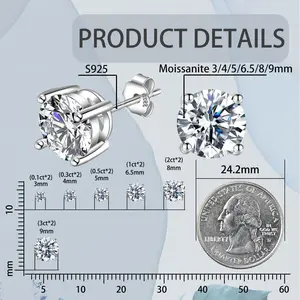 Delzzad S925 Round Synthetic Moissanite Stud Earrings Daily Costume Jewelry Accessories Perfect Birthday Wedding Anniversary Valentine Festive Gifts for Women Girls