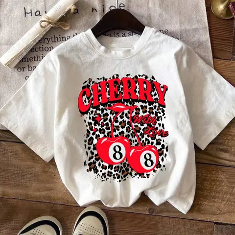 Women's Cherry & Leopard Print Round Neck Graphic Tee, Casual Short Sleeve T-shirt for Daily Wear, Ladies All Seasons Clothing