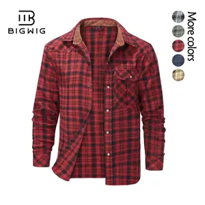 BIGWIG Men's Flannel Shirts, Pearl Snap Long Sleeve, Checkered Western Cowboy Brushed Plaid Regular Fit Shirt, Button Collar, Western Retro Workwear Rugged Style, Casual Retro Men's Jacket