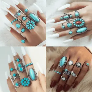 Vintage Boho Turquoise Stackable Ring Set 8Pcs | Ethnic Style Carved Feather Flower Statement Rings | Silver Tone Bohemian Fashion Jewelry for Daily & Festival Wear