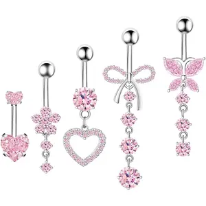 Belly Button Ring Dangle Navel Belly Piercing Jewelry Cute Pink CZ Heart Butterfly Bow Flower Navel Belly Rings for Women 14G Silver Stainless Steel Dainty Dangly Dangling Belly Button Piercing