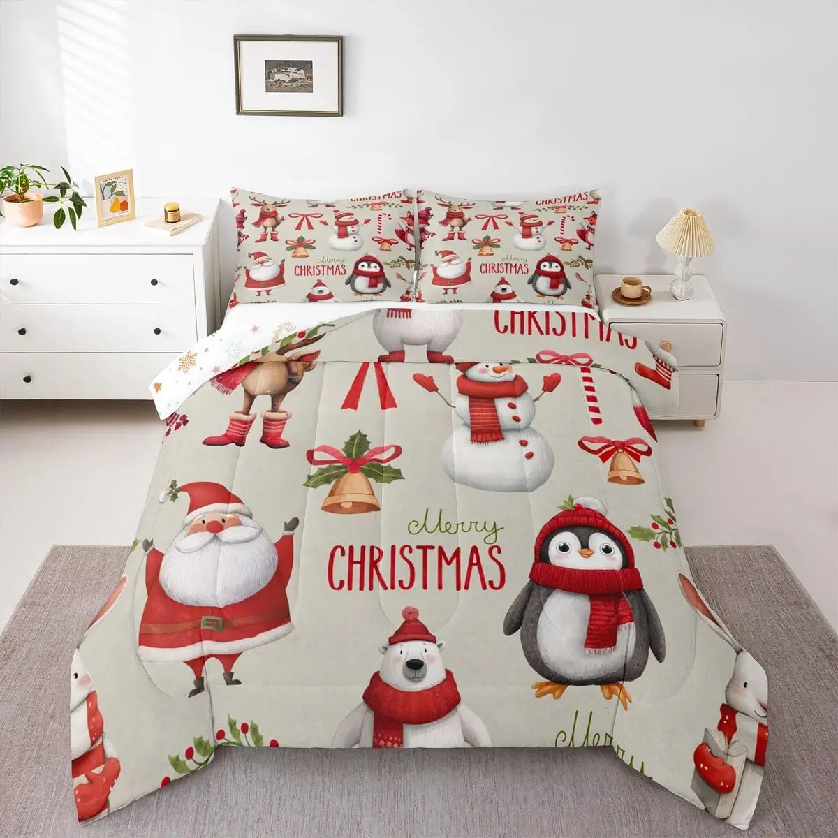 Feelyou Christmas Printed Duvet Set - Soft Breathable Bedding, Lightweight Blanket Set, Holiday Themed Bedding with Santa Claus, Deer, Penguin, Snowman, Bell Prints for Kids, Printed Blanket