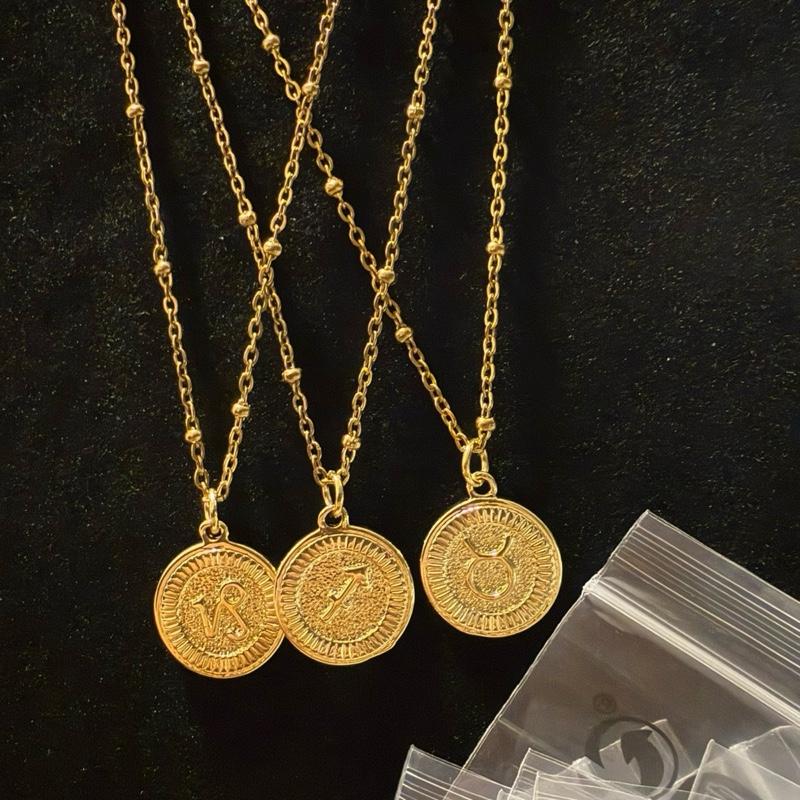 Yellow Gold Stainless Steel Zodiac Sign Necklace - Gold Chain with Coin Charms for Zodiac Lovers