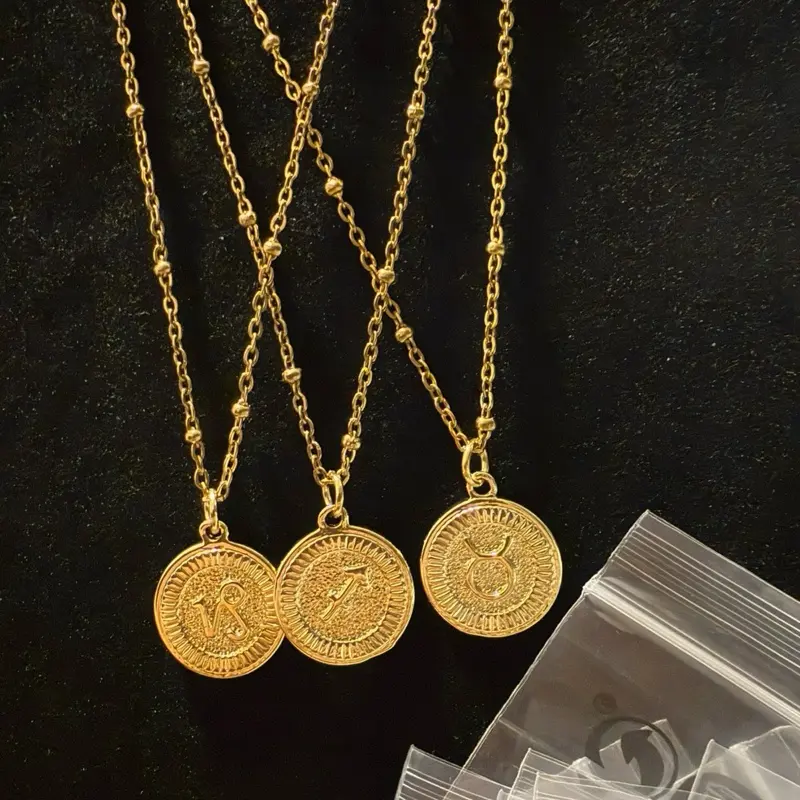 Yellow Gold Stainless Steel Zodiac Sign Necklace - Gold Chain with Coin Charms for Zodiac Lovers