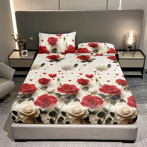 3pcs Red And White Rose Flower Cluster Romantic Style 2D Flat Effect Bed Sheet And Pillowcase Three-Piece Set |   2 Pillowcases + 1 Fitted Sheet |   Double/Full/King/Queen |   Soft And Skin-Friendly, 24H Non-Shifting