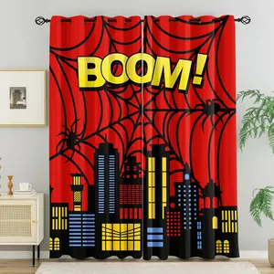 Superhero Spider Web Curtains for Boys Bedroom, Red Boom Cityscape Print Blackout Drapes, Cartoon Style Window Treatments for Kids Room Decor
