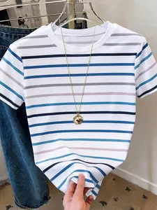 New Summer-Autumn Women's Short Sleeve T-Shirt, Blue- Striped Knit Top, Loose Fit Digital Print, Versatile Outerwear