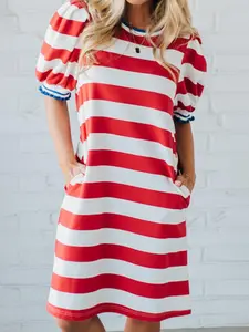 Stripe Contrast Trim Round Neck Short Puff Sleeve Shift Mini Dress, Made from Soft Breathable Cotton Materials With Stretch.