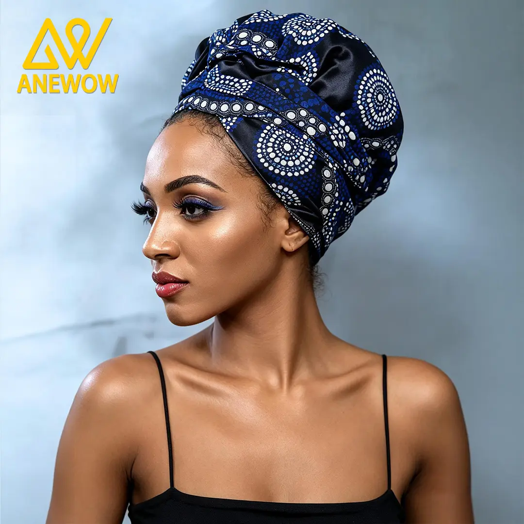 ANEWOW Deep Blue White Polka Dot Ankara Satin Lined Turban Headwrap