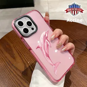 Phone case for iPhone 16 Pro Max 15 Plus 14 13 12 11 Pink Dolphin Leap Non-Yellowing Silicone Transparent Drop Protective Cover