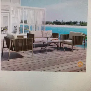GO 4 piece rope set with thick cushions and toughened glass table all weather patio furniture set for 4 person with loveseat beige