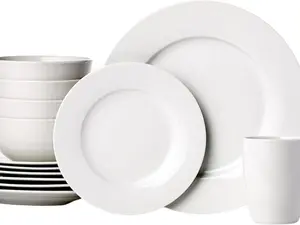 Basics 16-Piece Porcelain Kitchen Dinnerware Set with Plates, Bowls and Mugs, Service for 4 - White