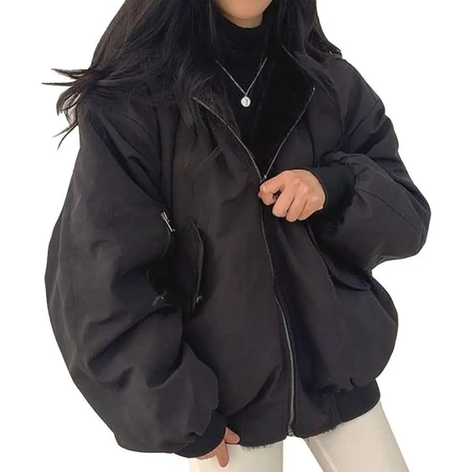 Womens Fleece Lined Jacket Reversible Zip Up Fuzzy Faux Fur Hoodie Oversized Warm Sweatshirt