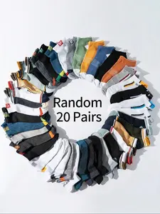 20 Pairs Ankle Socks, Simple Colorblock Striped Short Socks, Multicolor Fashion Style, Letter Sports Earlobe Socks, Teen Casual Wear