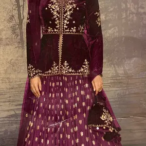 Indian Ethnic Velvet Lehnga Set for Women - Wine and Green - Embroidered Shrug with Gold and Polki - Chiffon Skirt - Free Size - Fabric wedding guest dress sexy lady elegant womenswear valentine outfit formal fashion long guest dress