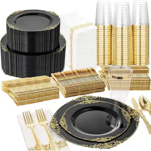 350-piece black plastic plate set - suitable for 50 guests - includes 100 disposable plates, 150 gold-colored utensils, 50 cups, 50 napkins, ideal for weddings, parties, and New Year's celebrations