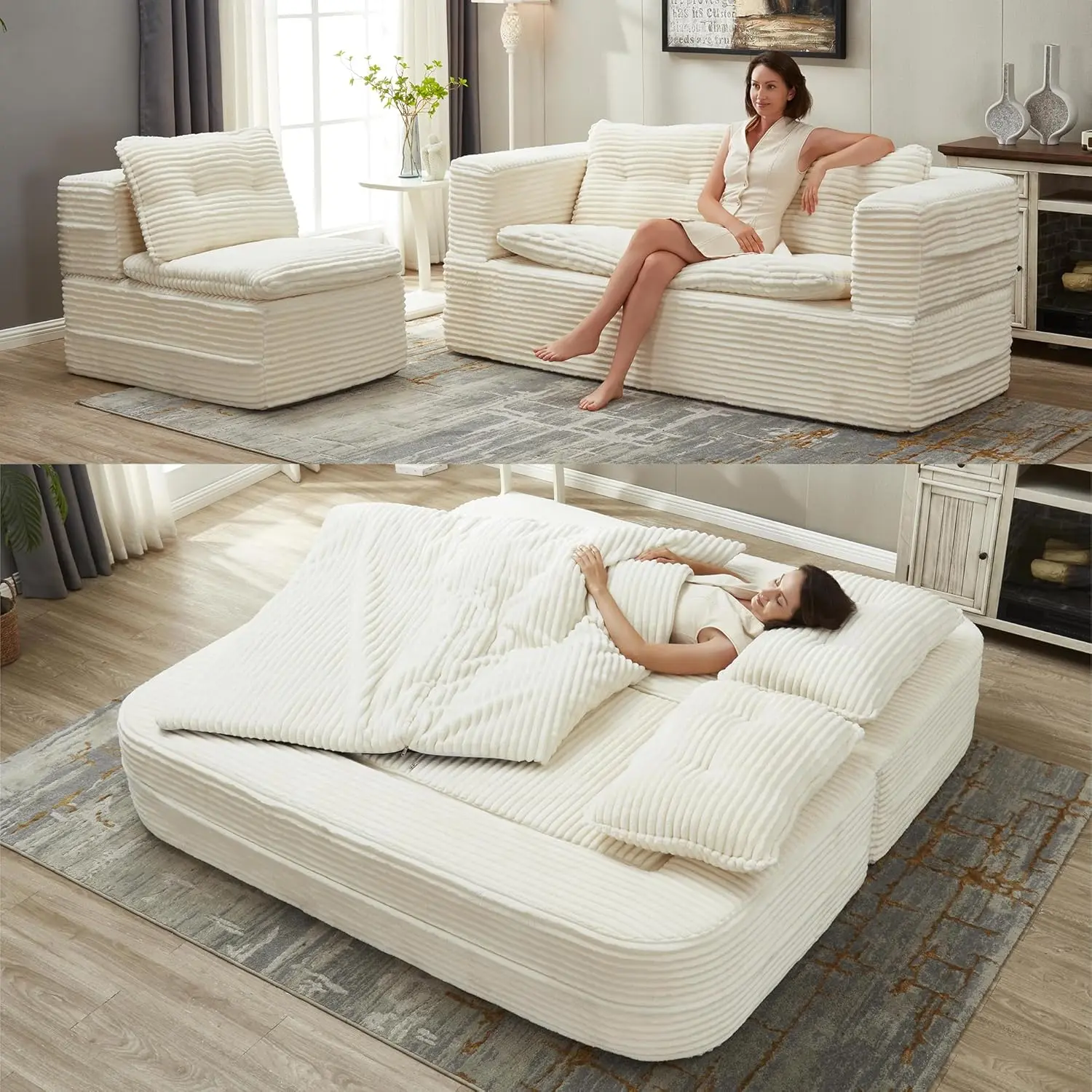 80" King Size Convertible Sectional Sofa Bed, 3-in-1 Folding Floor Couch with Convertible Chaise Lounge, Plush Corduroy Sleeper Sofa for Living Room and Bedroom, No Assembly Required (Beige)