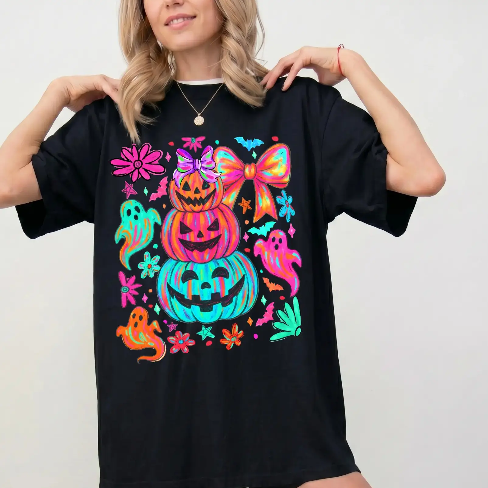 Women's Preppy Neon Halloween Print Garment - Coquette Bow T-shirt, Comfortable Breathable Casual Top with Pumpkin, Ghost, Bat Designs, Prints