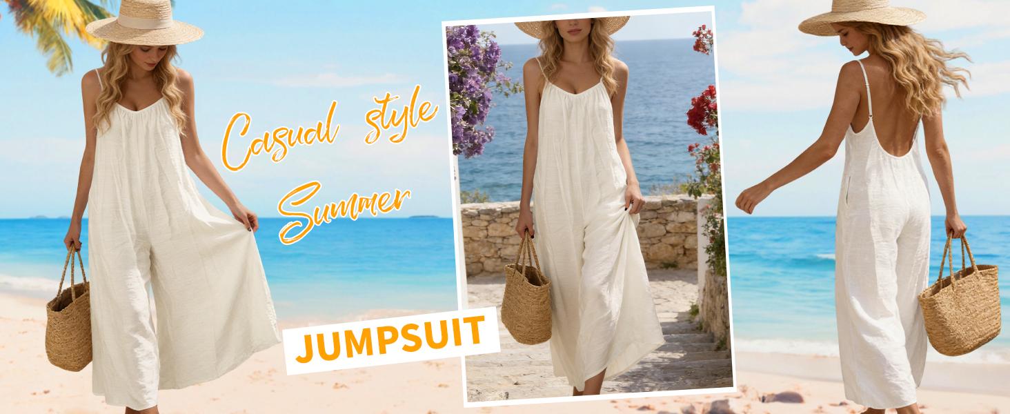 WoodBerry Women's Backless Spaghetti Strap Jumpsuit Summer Sleeveless Tie Back Long Wide Leg Romper with Side Pockets Casual Loungewear Outfit for Beach Vacations