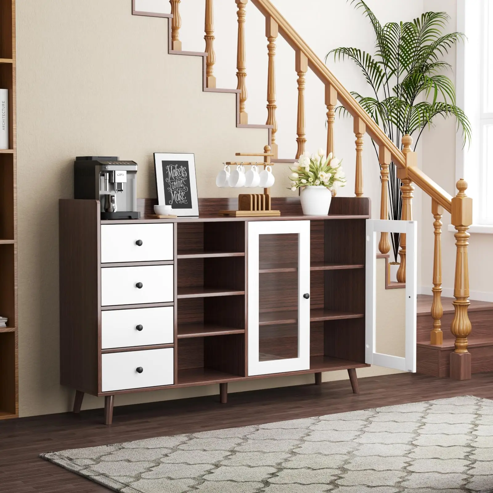 Garvee 55-in Wide Rustic Natural Wood Farmhouse Sideboard Buffet - Glass Doors, Adjustable Shelves, Coffee Bar Station, Kitchen Storage Organizer, Walnut Indoor Display Cabinet Dining Room Furniture, Easy Setup, Assembly Required, Living Space Fit