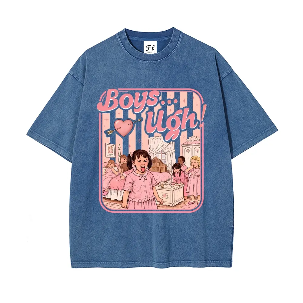 Men's 90s Retro Movie Quote "Boys...Ugh!" Printed Round Neck Streetwear Top - Eco-Friendly Cotton Short-Sleeve Vintage Washed Casual Everyday Shirt