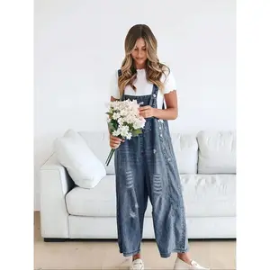 Women's Casual Loose-Fit Denim Overalls, Washed Distressed Design, All-Season Wearable Pantsuit for Daily & Dates