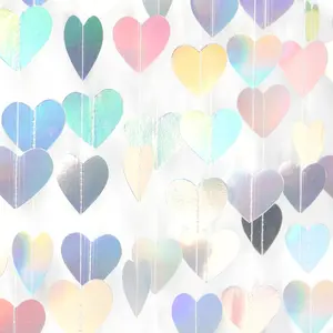 Iridescent Disco-Holographic Heart Garland, 52Ft Party Hanging Decoration Neon Streamers Banner for Wedding, Bridal Shower, Valentines Day Decor
