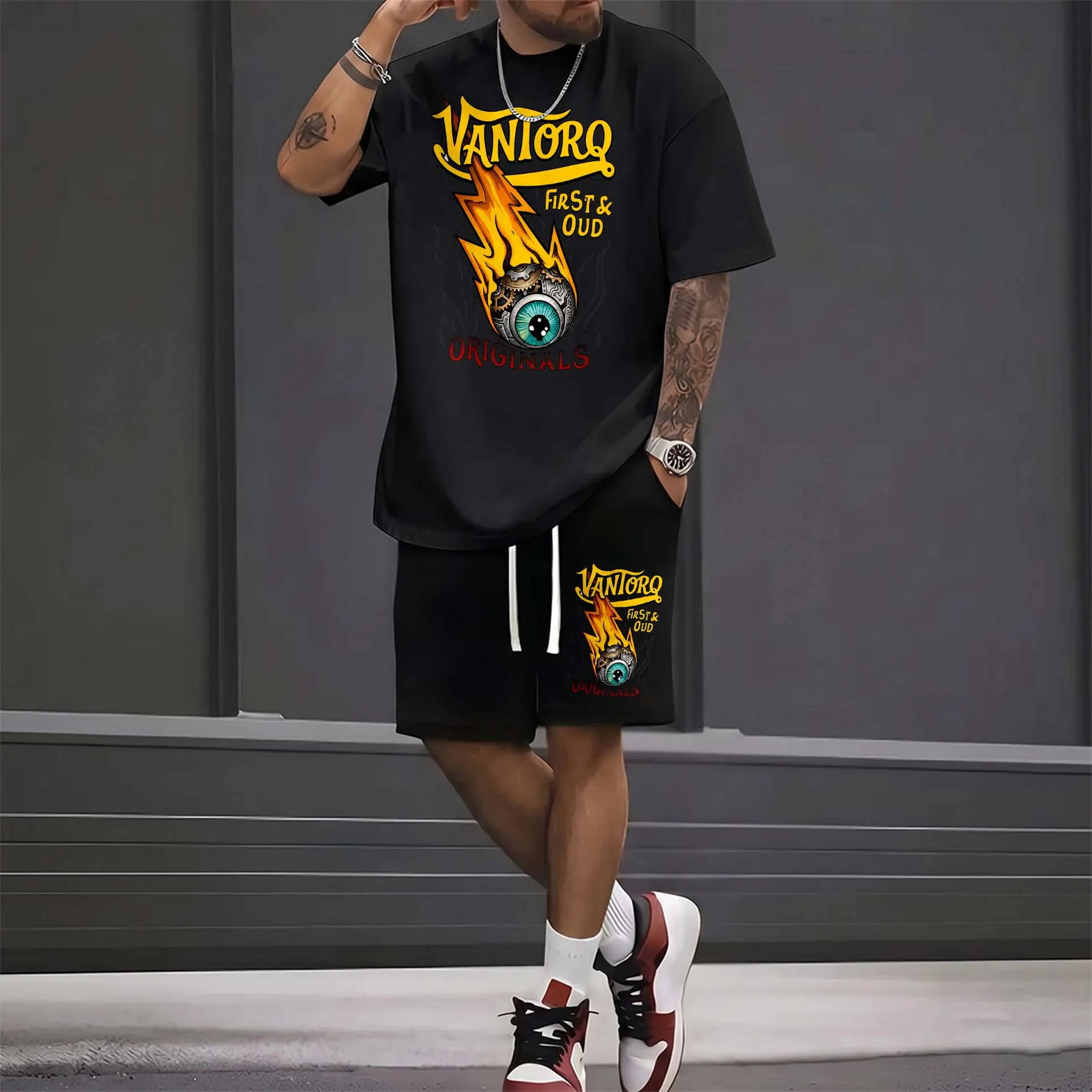 Men’s Summer 2 Piece Set, Winged Eyeball Fire Skull Hiphop Street Style Print Short Sleeve T Shirt and Drawstring Shorts Matching Outfit, Lightweight Breathable Casual Set for Travel, Streetwear, Beach, Vacation, and Daily Wear