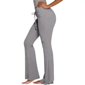 Womens Flare Lounge Pants Ruched Adjustable Drawstring Waist Comfy Ribbed Flowy Bell Bottoms Leggings