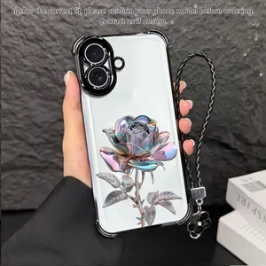 Suitable for [iPhone 17] high-end women's phone case🥰，a beautiful four-leaf clover lanyard is included🍀，electroplated Four-Corner Shockproof phone casesophisticated, minimalist rose pattern YM99