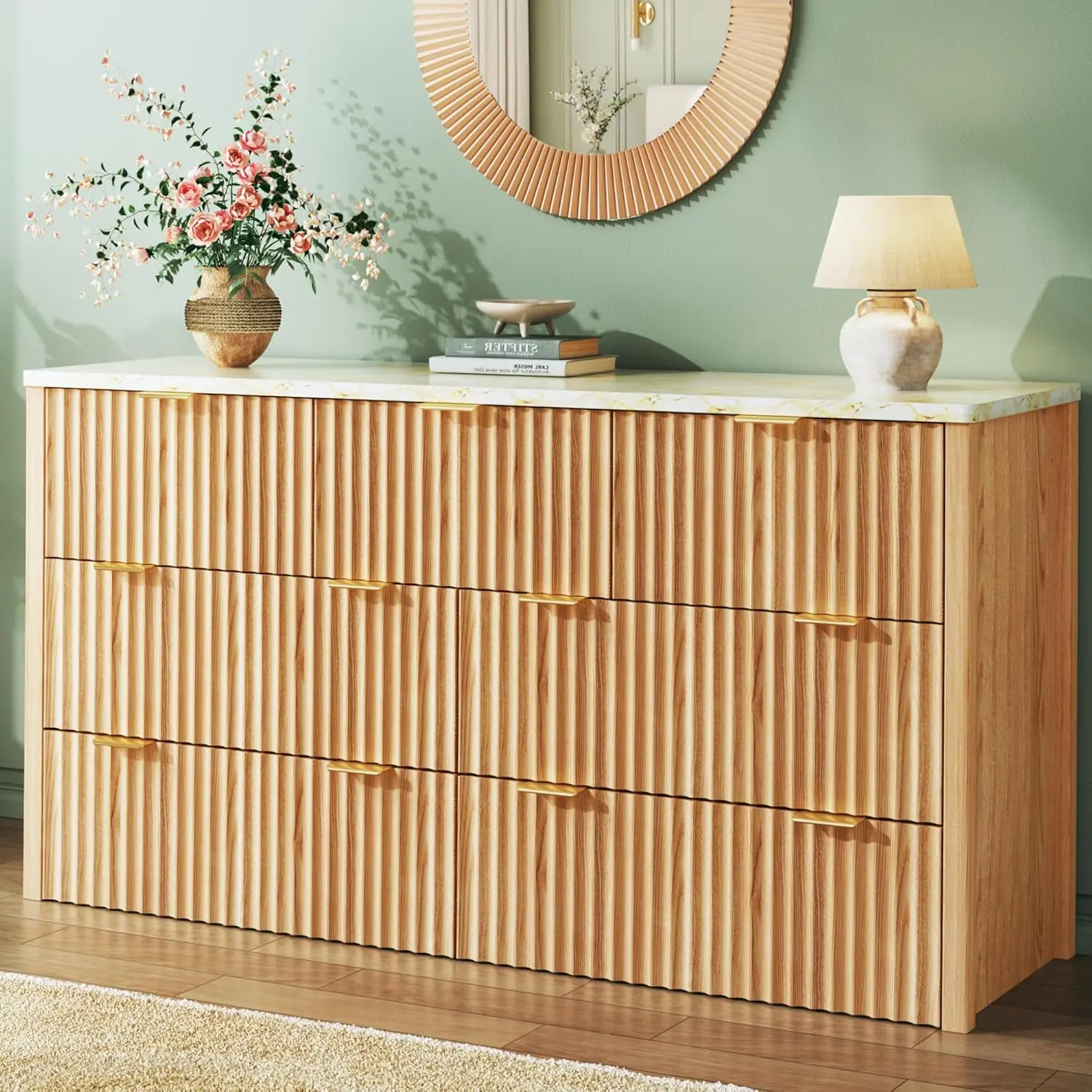 Fluted Dresser for Bedroom with 7 Drawers, 53" Wide Mid Century Modern Dressers with Faux Marble Top & Metal Handle, Wooden Chest of Drawers TV Stand, Natural Oak