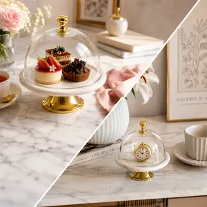 Petite Marble Cloche Cake Stand with Glass Dome & Gold Pedestal
