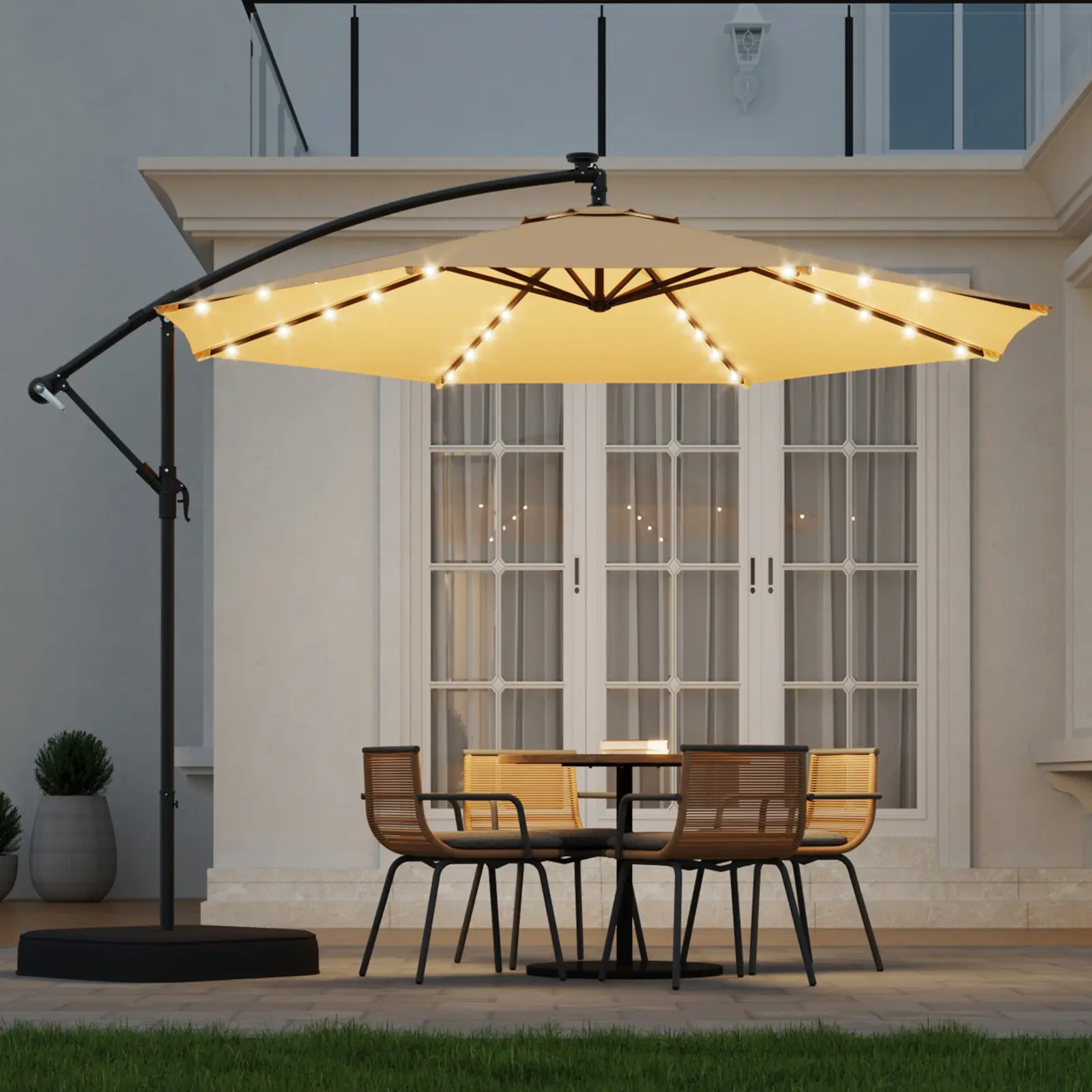 Erommy 10ft Solar Lighted Patio Umbrella with Base Included, Outdoor Offset  Cantilever Umbrella, Infinite Tilt, UV Protection for Backyard, Lawn, Garden  & Pool - TikTok Shop