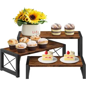 3 Tier Cupcake Stand & Wood Display Risers, Dessert Stands for Cup Cake or Food, Riser Display Stand for Perfume Collectibles, Tiered Shelf Organizer for Market Retail Vendors, Rustic Brown