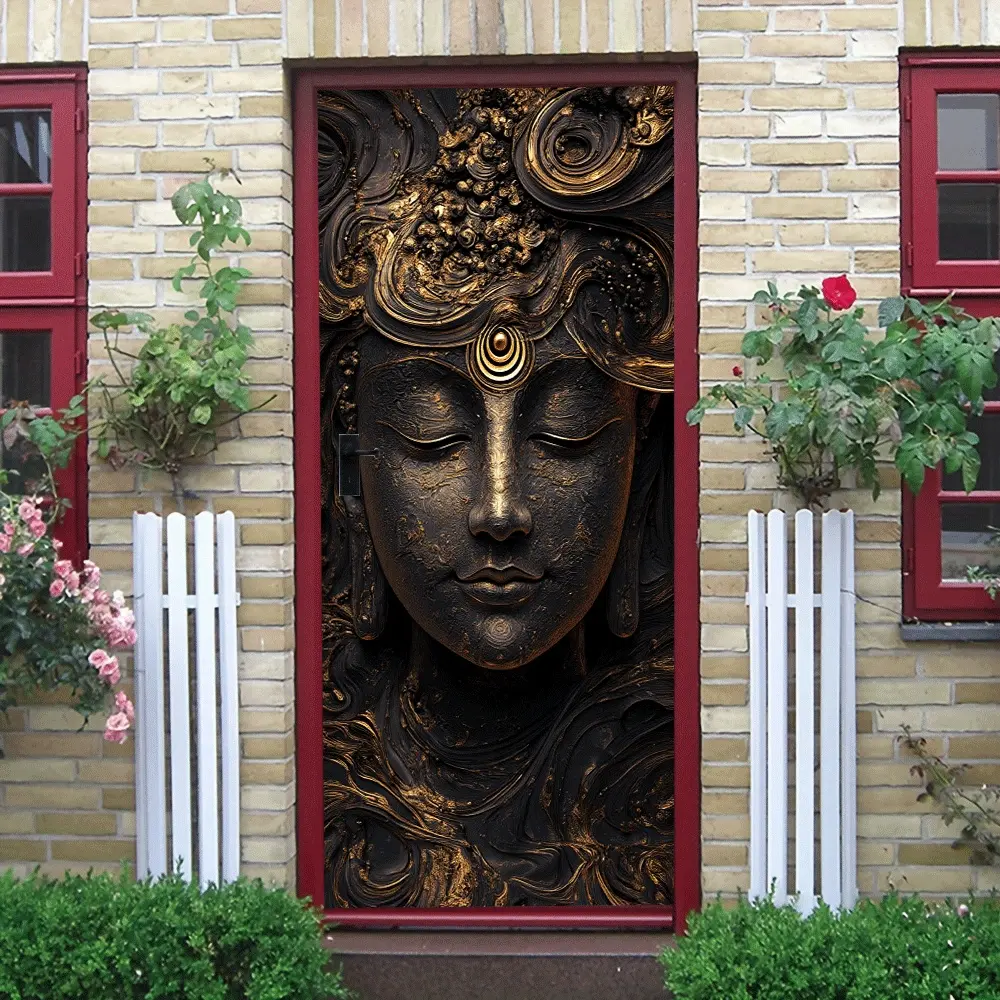 2pcs Golden Buddha Head Art Wall Sticker Chinese Zen Home Decor Decal Self Adhesive Mural for Living Room Entrance Waterproof Removable Buddha Religious Culture Wall Decoration Southeast Asian Style Be