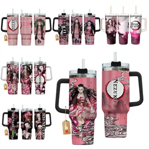 Nezuko Demon Slayer 40oz Pink Floral Anime Aesthetic Tumbler - Insulated Travel Mug with Handle - Pink Kimono Graphic Stainless Steel Cup