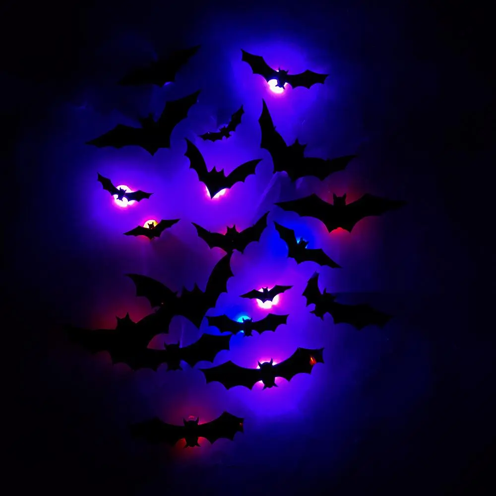 3D Bat Design LED Decoration, 12pcs/set Bat Shaped Wall Sticker, Decorative Light for Home Party Festival, Halloween Decoration