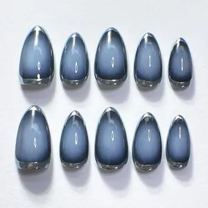 Simple Dark Blue Press On Nails With Silver Chrome, Handmade Lilynailart Style Y2K Fake Nails