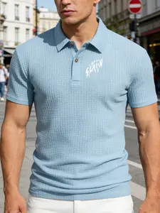 Men's Creative Graffiti Letter Print Polo Shirt, Slim-Fitting Short Sleeve, Breathable Geometric Design, Casual Daily Wear