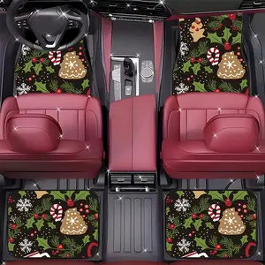 4Pcs Christmas Gingerbread & Holly Car Floor Mats, Festive Style - Durable Polyester All-Weather Car Floor Mats, Suitable for Cars, SUVs, Trucks-Stylish Design, Car Non-Slip Mats, Interior Accessories, Comfortable Driving.11.30QWA-40