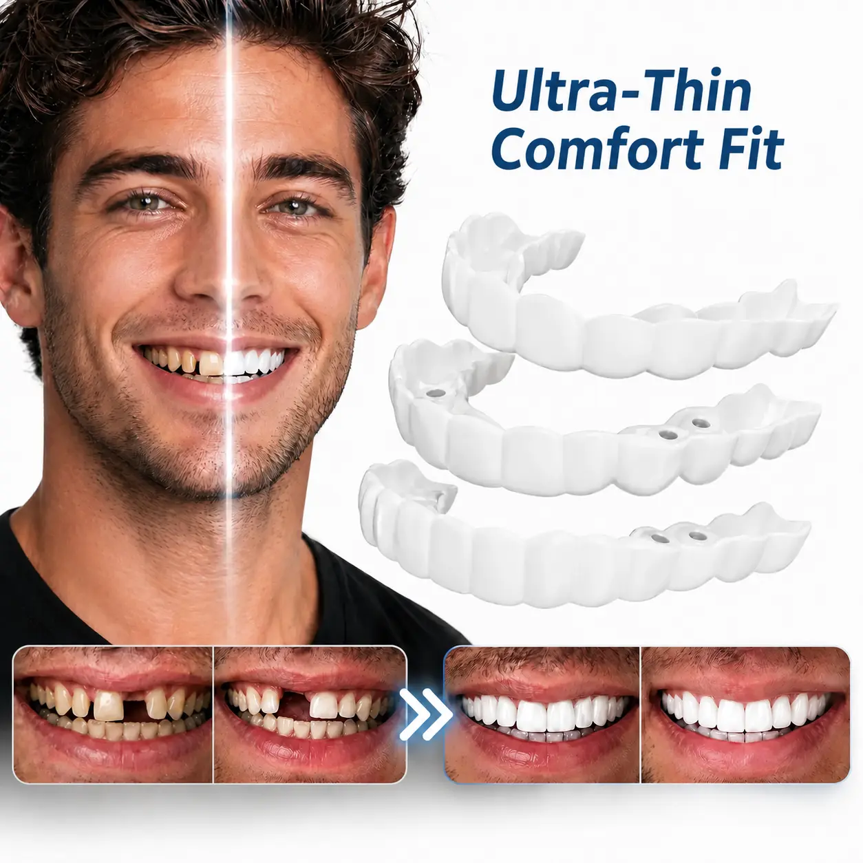 New Generation Soft Silicone Snap-on Dentures - Adjustable Comfort Fit Veneers, Ultra-Thin Natural Whitening Teeth Cover, Safe & Reusable  For Portable Oral Care Kit dentist gifts